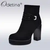 Odetina New Fashion Square High Heel Ankle Boots Women Thick Heel Crystal Zip Booties Flock Platform Female Warm Winter Footwear