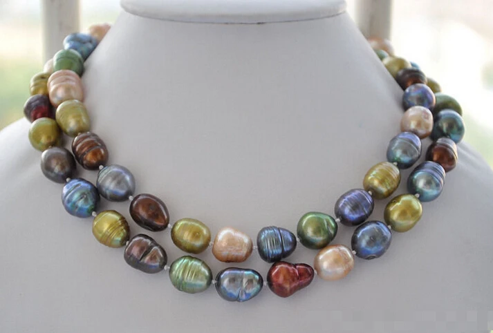 

FREE SHIPPING *Z5401 BEATUFIUL 32" 15mm black coffee green rice whorl freshwater pearl necklace