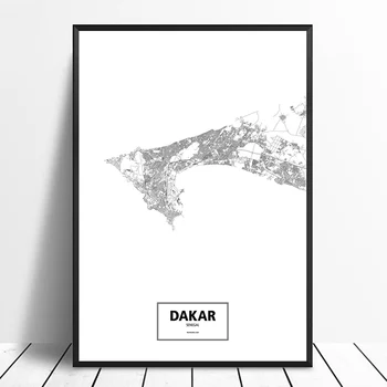 

Dakar, Senegal Black White Custom World City Map Poster Canvas Print Nordic Style Wall Art Home Decor