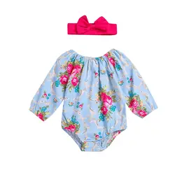 Puseky 0-18 м новорожденных для маленьких девочек с длинными рукавами и цветочным принтом боди с бантом комбинезон, костюм повязка 2 шт. наряды