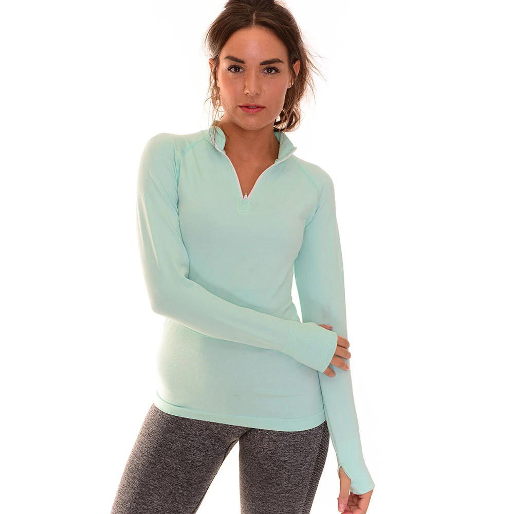 Long sleeves Green and Gray V Collar Zipper Sport Shirts Women Running