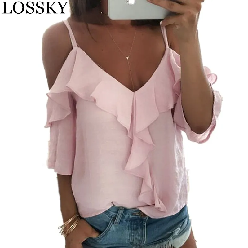 

Sexy Off Shoulder Summer Strap T Shirt Casual Loose V Neck Half Sleeve Ruffles Women T-shirt Backless White Black Tshirt Tee Top