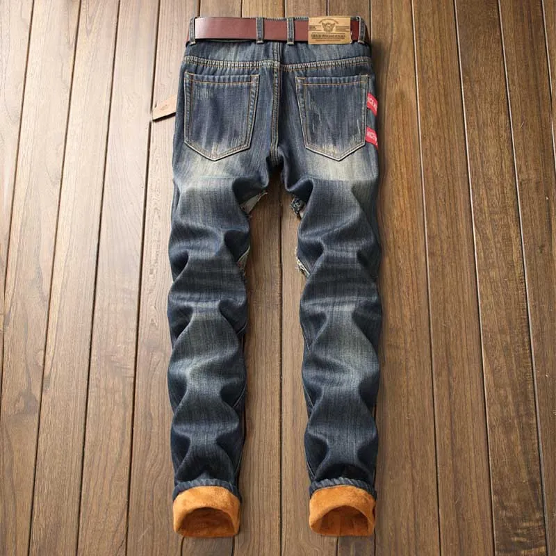 Mcikkny Fashion Men's Winter Thick Ripped Jeans Warm Fleeced Lined Denim Trousers Hi-street Warm Distressed Jeans Pants Straight (1)