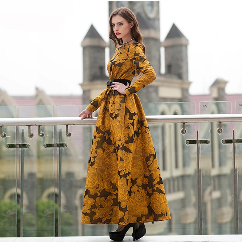 Newest Fall 2018 Designer Maxi Dress Party Dress Women's Long Sleeve Gorgeous Floral Jacquard Long Dress plus size S-3XL