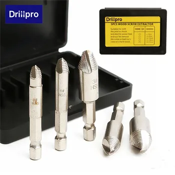 

Drillpro 5PCS Screw Extractor Remover Drill Bit Tool Set 1/4" Hex Shank w/Case Easy Take Out Woodworking Tools