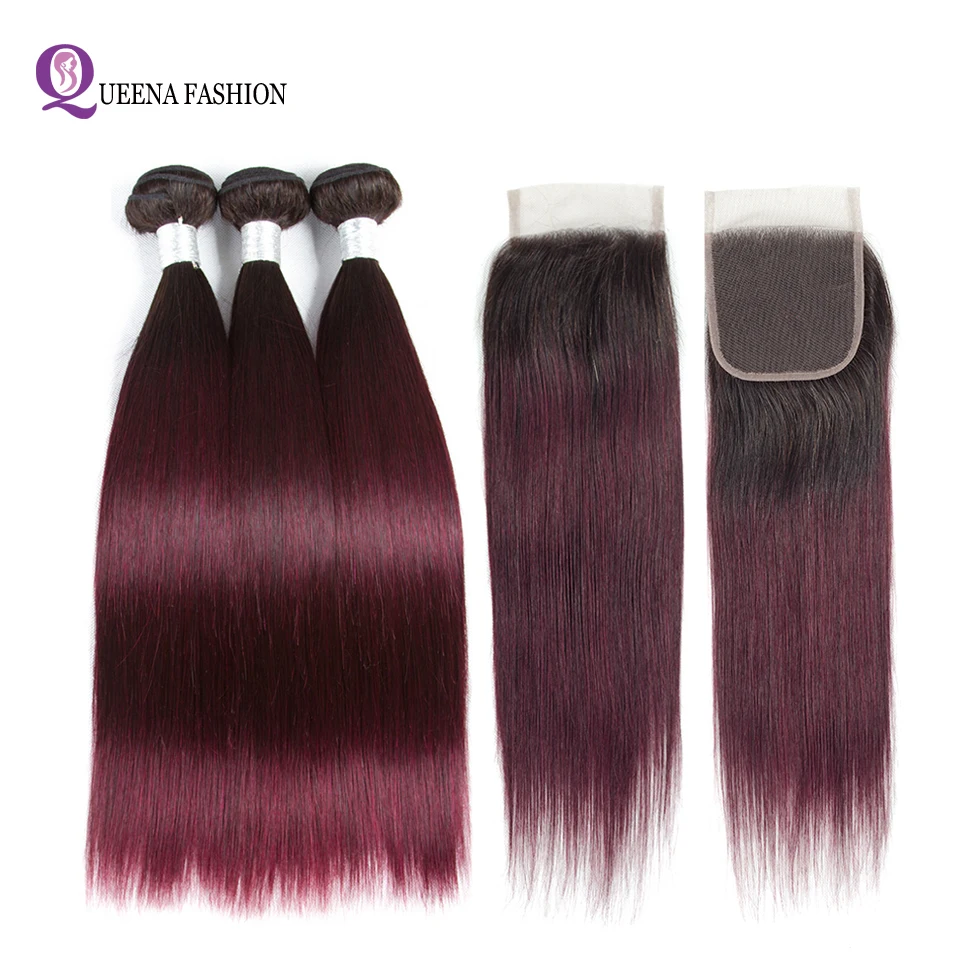 

99j Bundles With Closure Two Tone Color 3 Bundles With Closure Ombre Brazilian Ombre Straight Human Hair Bundles With Closure