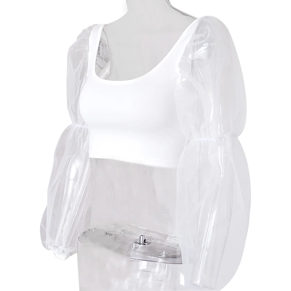 Sexy Mesh See Through Lantern Long Sleeve Crop Tops 2019 Spring Women Backless Patchwork Slim U-Neck T-Shirt Tees