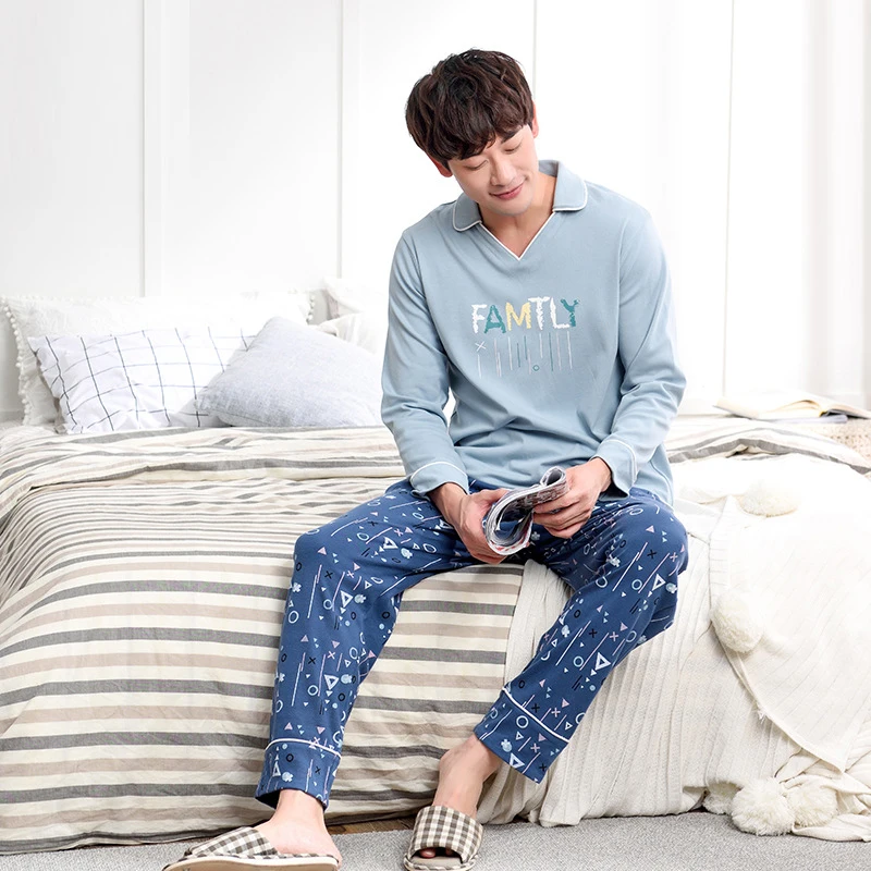 

Men Korean large size men youth pajamas 2019 spring and autumn cotton lapel long sleeve pants new men pajama sets pajama set