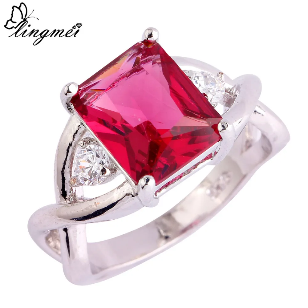 

lingmei Big Promotion Wholesale Rectangle Cut Red & White Cubic Zircon Silver Ring Size 6 7 8 9 10 11 Fashion Women Jewelry
