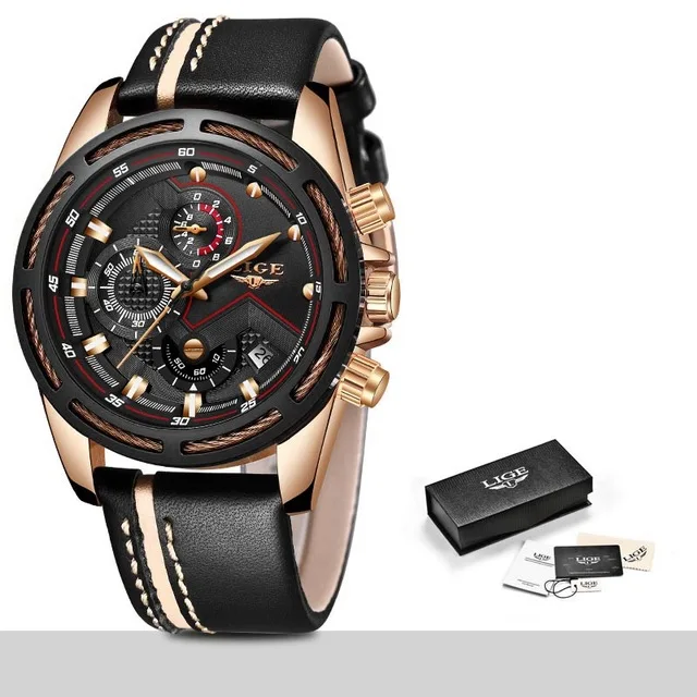 Lige мужские часы модные спортивные кварцевые часы кожаные мужские s часы лучший бренд роскошные золотые водонепроницаемые часы бизнес класса Relogio Masculino - Цвет: Rose gold black