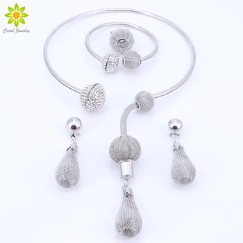 

New Fashion Dubai Silver Plated Crystal Necklace Set African Beads Costume Acessories Bridal Wedding Jewelry Sets