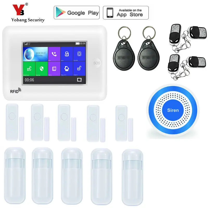 

Yobang Security WIFI Home Alarm System 4.3" GSM Full Touch Screen Auto Dial Kit Free APP Control Automation with Wireless Siren