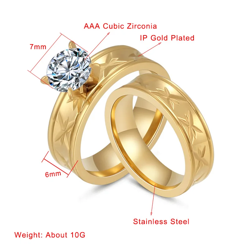 1 пара обручальное кольцо из кубического циркония для женщин, набор обручальных колец из нержавеющей стали золотого цвета, круглые ювелирные изделия, Подарок на годовщину