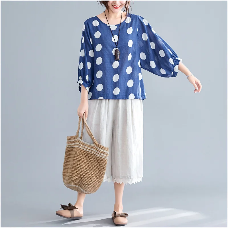 

Johnature Shirts Casual Three Quarter Sleeve Polka Dot O-neck 2019 New Summer Clothes Korea Style Cotton Linen Women Blouses