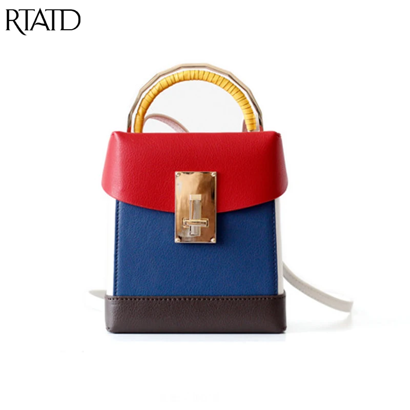 

RTATD New Women Leather Handbags Flap Patchwork Small Size Tote For Lady Shoulder Bags Chic Fashion Lock Design Box Bag B312