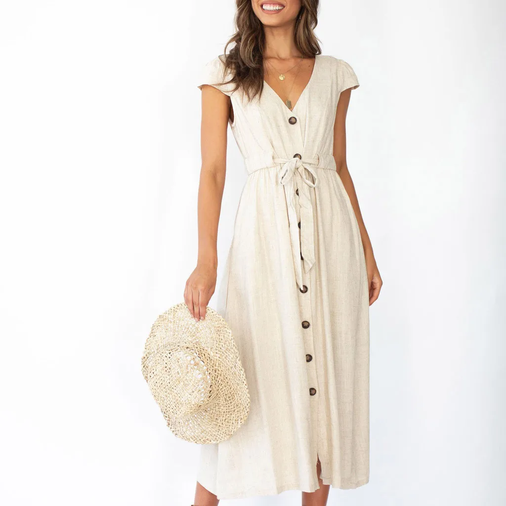 

FREE OSTRICH Women's Summer Pure Short-Sleeved Dress V-Collar Button Solid Dress Casual Plus Size Loose Beach Ladies Apparel
