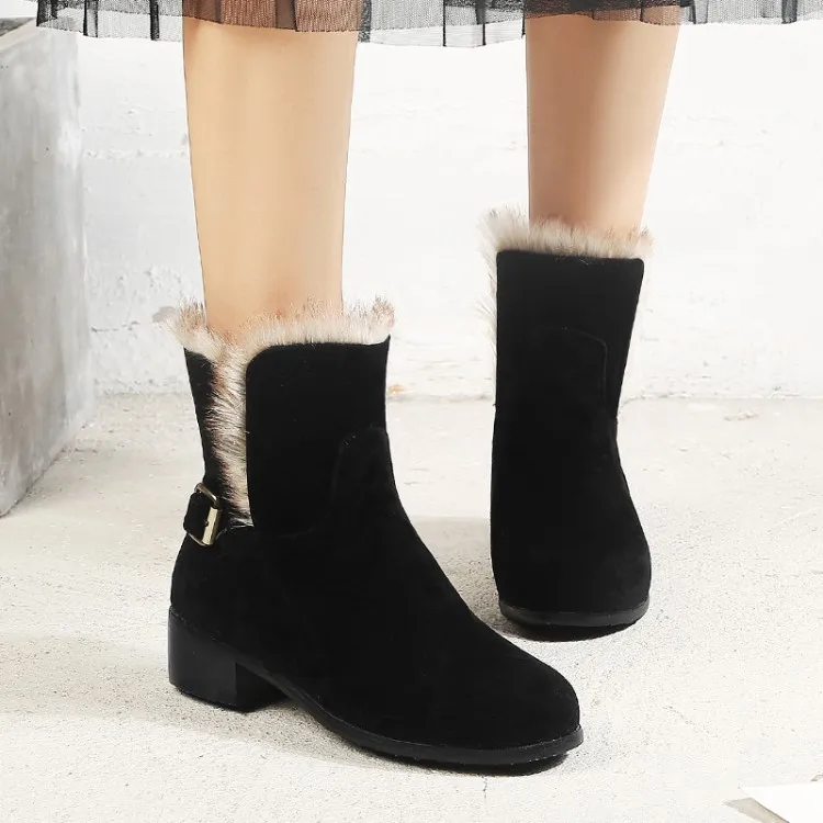 

Big Size 11 12 13 14 15 Ma'am Coarse heel Short boots Metal decoration boot barrel Suede high-heeled boots