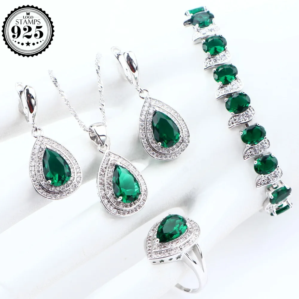 

925 Sterling Silver Wedding Women Jewelry Sets Costume Jewelry Green Cubic Zirconia Bracelets Pendant Ring Necklace Set Gift Box