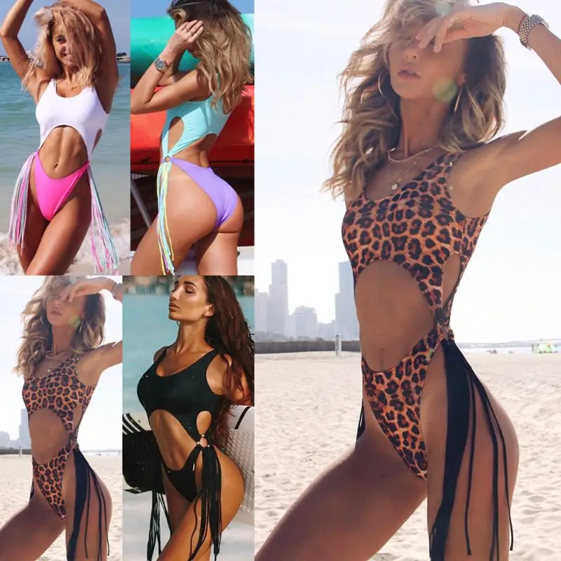 

Womens Sexy One Piece Bikini Boho Leopard Candy Color Block Patchwork Monokini Long Fringed Swimsuit Backless Beachwear