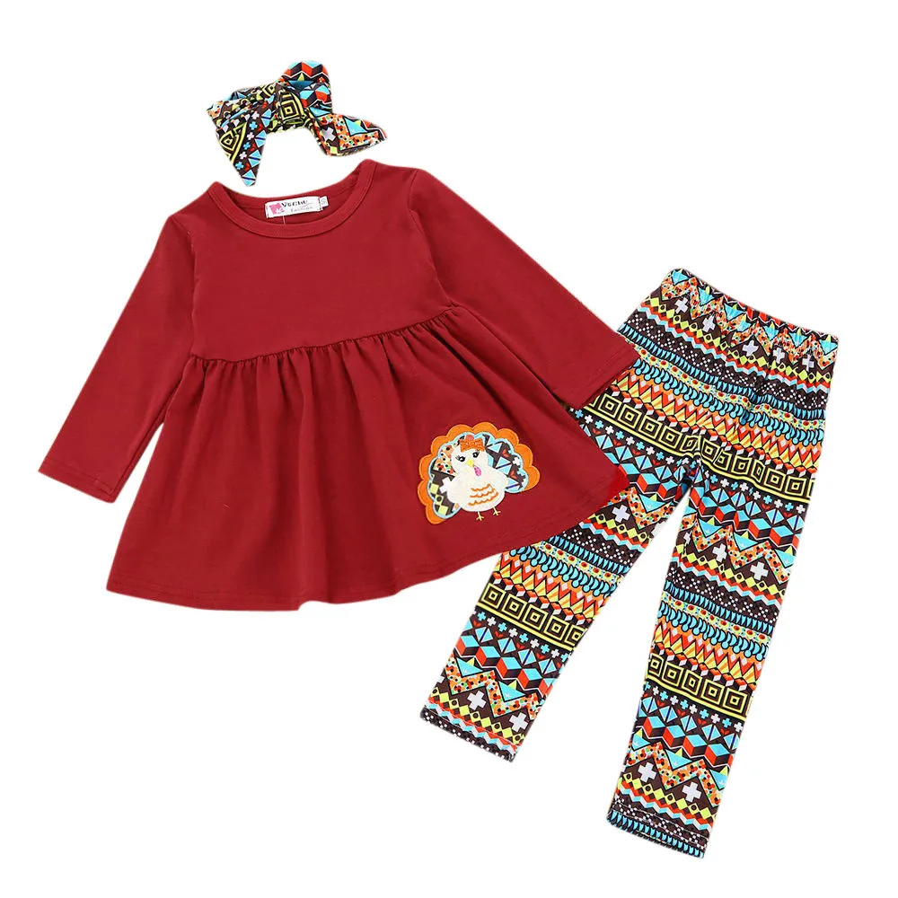 

TELOTUNY Autumn Winter 3Pcs Toddler Infant Baby Girls Turkey Dresses Pants Thanksgiving Day Outfits Set AUG27