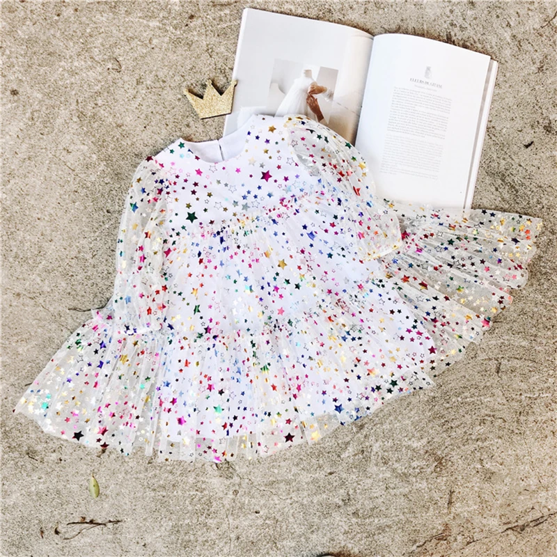 

Ins Fashion Girls Dress Mesh Sequins Star Children Wedding Party Dresses Kids Ball Gowns Baby Clothes For Princess Girl Vestidos