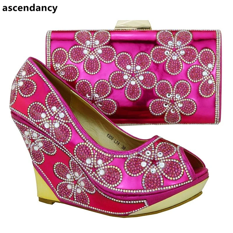 

Fuchsia Color Wedges Shoe and Bag To Match for Women Italian Shoe with Matching Bag Set with Glitter African Women Shoes and Bag