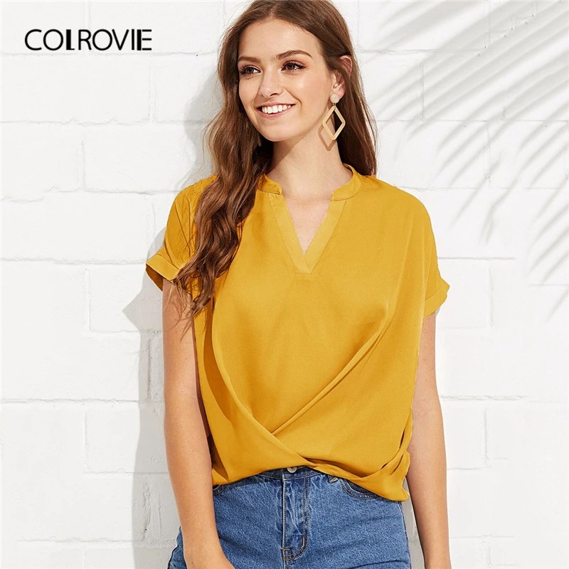 

COLROVIE Ginger Solid V Neck Wrap Hem Casual Blouse Women Clothing 2019 Summer Short Sleeve Draped Office Ladies Pleated Tops