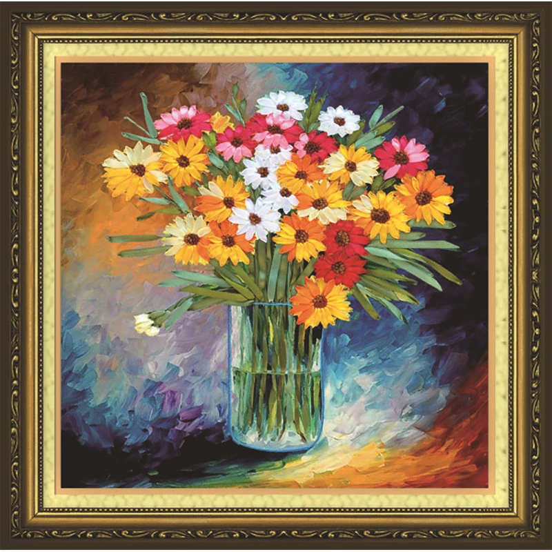 

3D cross-stitch kit handmade needlework stitching craft DIY Unfinished Ribbon embroidery sewing oil paintings style flowers vase