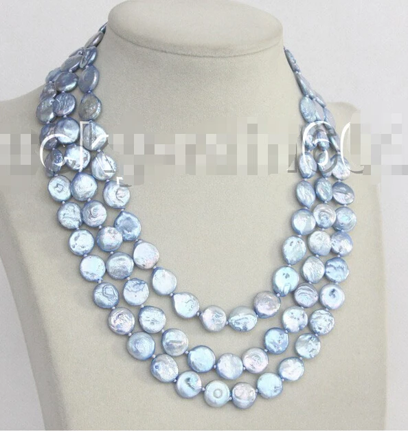 

P809 A43 FREE shipping adjustable 3row 12mm coin fastener light blue pearls necklace E9084