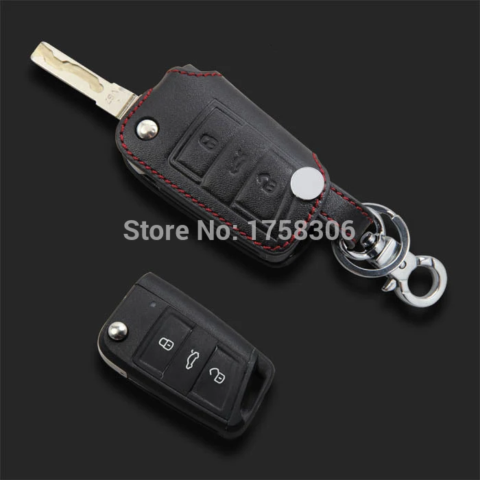 Leather Black  key case bag Fit for Volkswagen Golf 7 key (Folding edition )