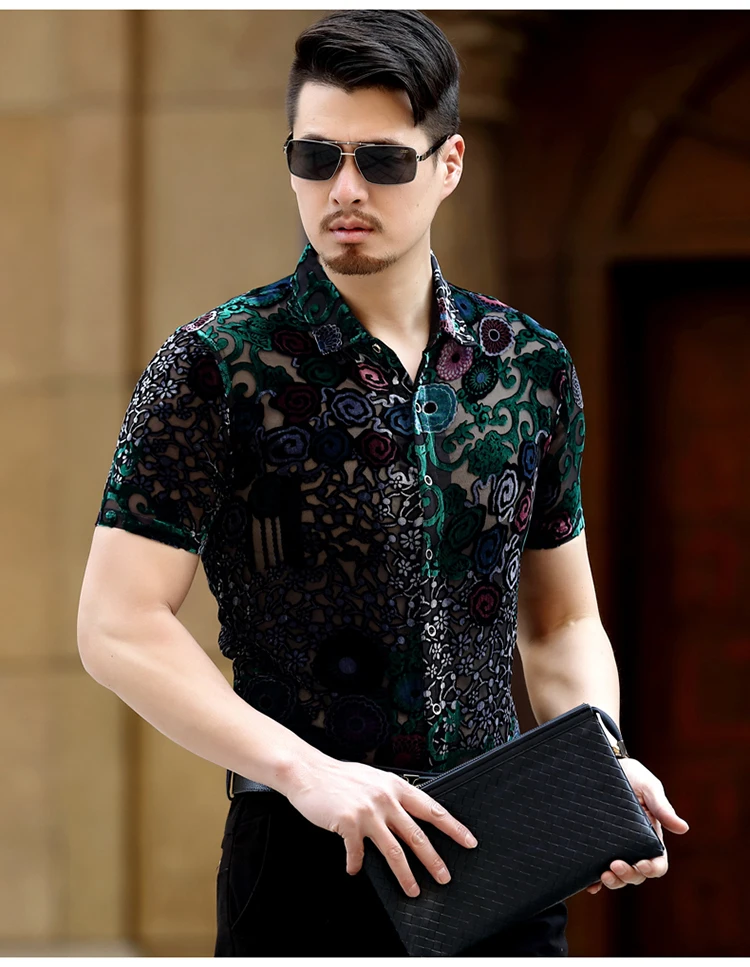 Шелк Vevlet Flloral рубашка See Through летние шорты рукав мужской рубашка Camisa социальной Masculina Chemise Homme 3xl Мужская бархатная рубашка