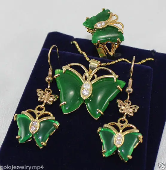 

New Set Pretty 18K GP butterfly green jade pendant Necklace earrings ring