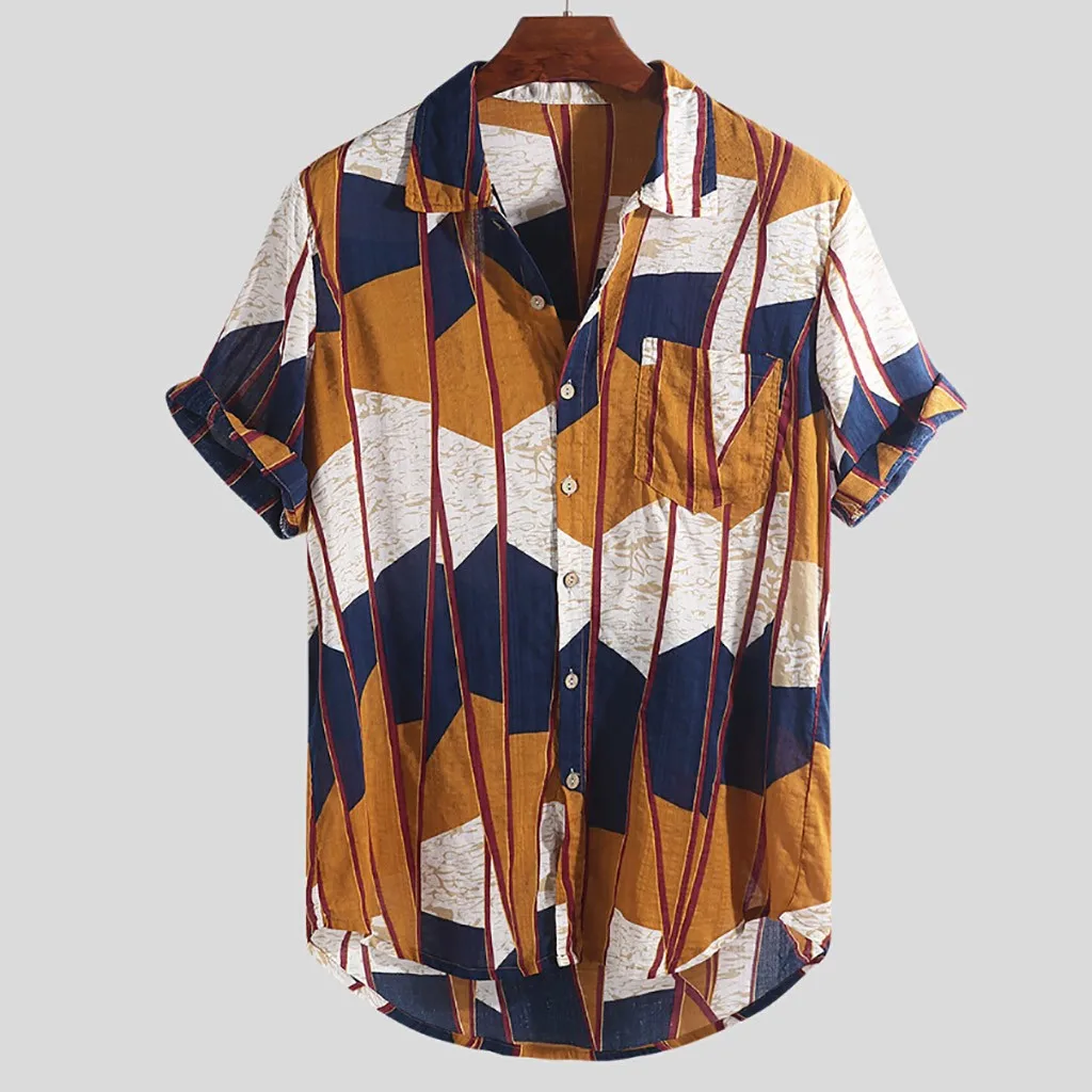 Linen Men shirt cotton Multi Lump Chest Pocket Short Sleeve pocket Round Hem Loose Shirts Blouse Stand Collar chemise homme 0509 | Мужская