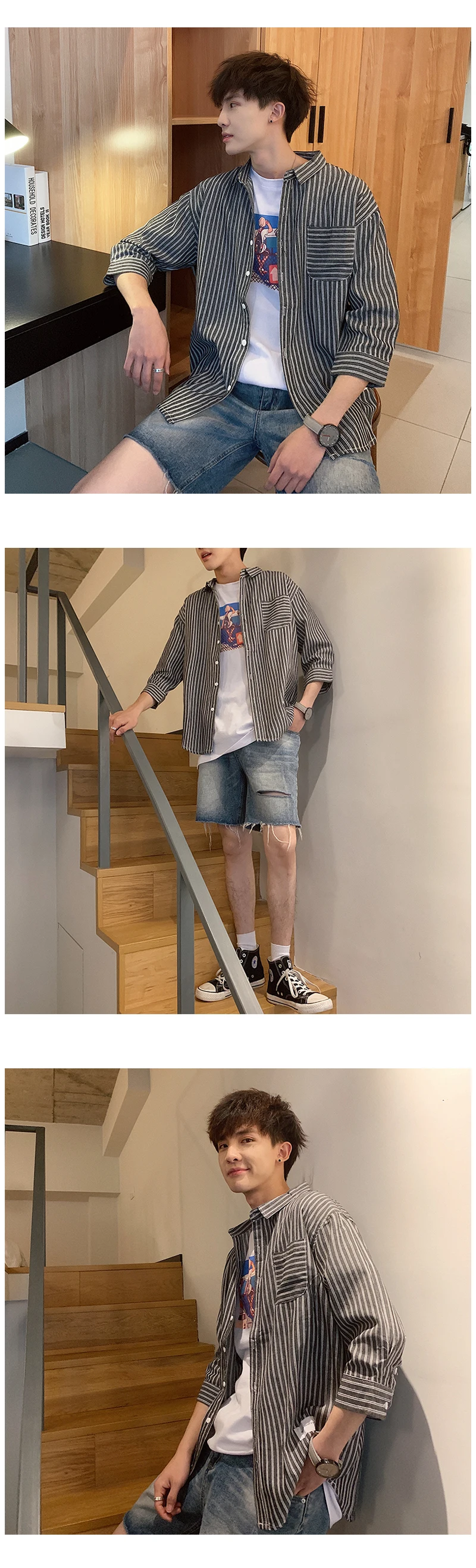 Short-sleeved shirt summer port wind stripe Korean version of the trend handsome sleeve men's loose Thin Chinese Style