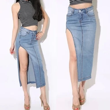 Весна лето дизайнер Женская мода Повседневная Длинная джинсовая юбка Сплит джинсовая юбка-карандаш для женщин