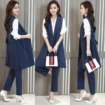 

Large Size Striped 2 Piece Set Women Office Lady Sleeveless Ensemble Femme Deux Pieces Spring Woman Suit Conjunto Feminino