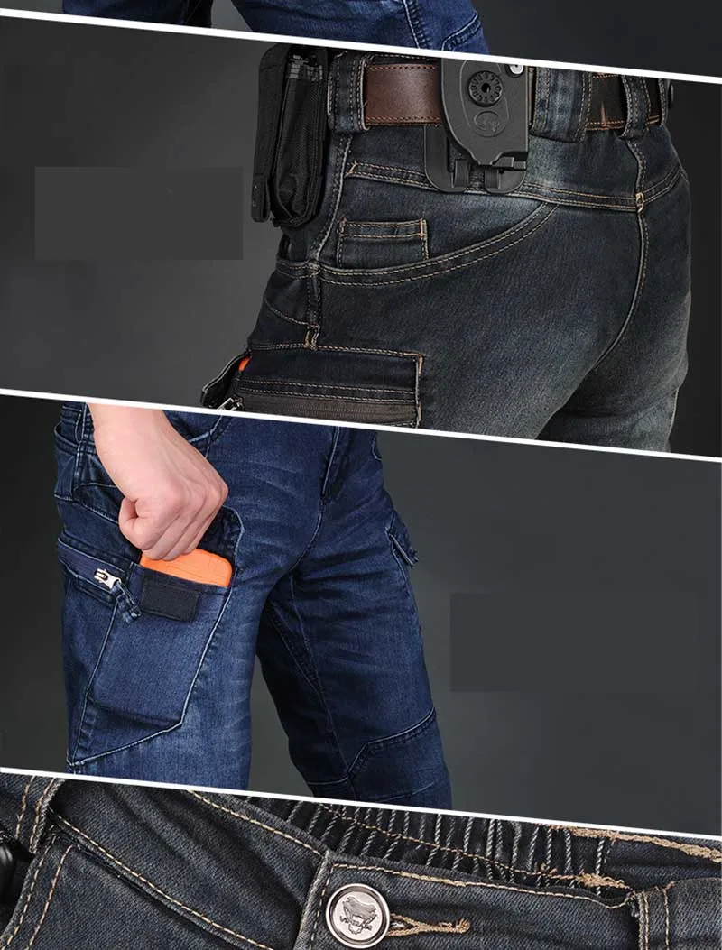 Mcikkny Men's Cargo Casual Jeans Pants With Multi-pockets Motorcycle Denim Trousers Military Style For Men's Outdoor Jeans Blue (8)