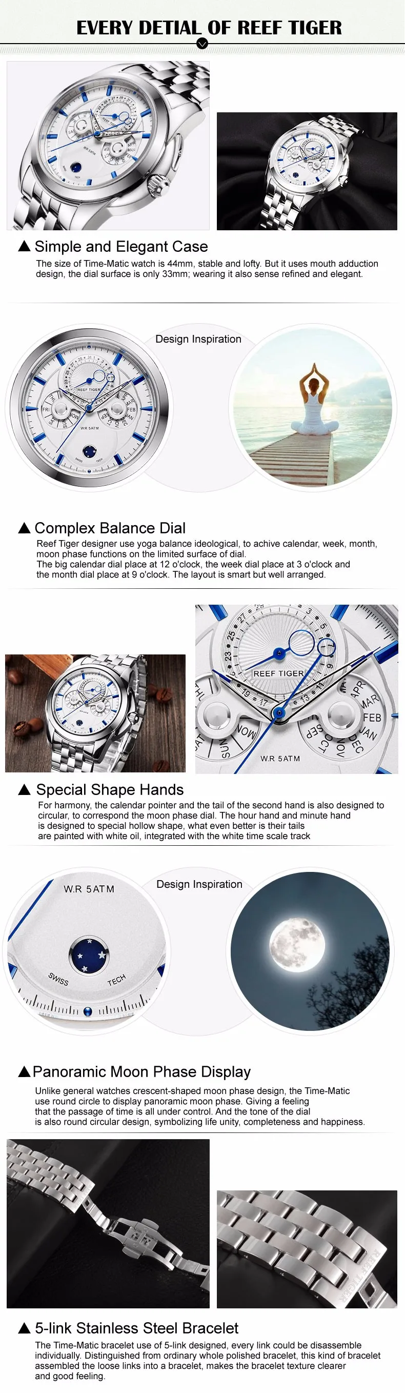 Риф Тигр/RT Топ Элитный бренд спортивные часы Мода календарь фазы Луны Для мужчин Мути-функциональная циферблат Кварцевые