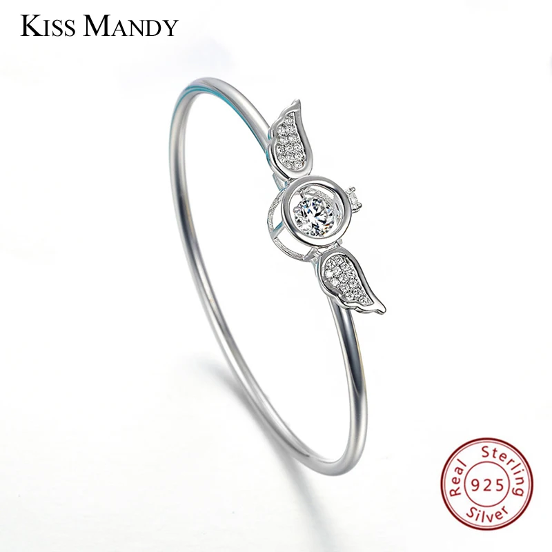 

KISS MANDY Genuine 925 Sterling Silver Women Bangles Angel Wings Shape AAA Cubic Zircon Ladies Bangle Fashion Jewelry KSB17