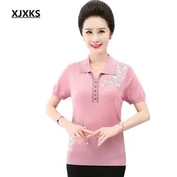 XJXKS 2019 Высокое качество трикотажные для женщин негабаритных футболка лето повседневное короткий рукав Топ мягкая льняная футболк