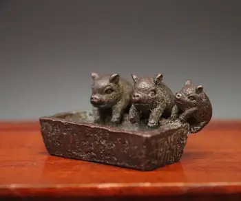 

China 100% red Copper Handwork Zodiac Animal three Pig Hog Wealth Fengshui Statue mini small statue Decoration Home Gift