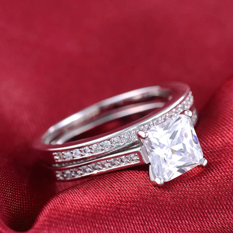 925 Sterling Silver Princess Simulated Diamond Full Zircon Gold GF Women Engagement Bridal Ring Set Jewelry Wedding Band Ring