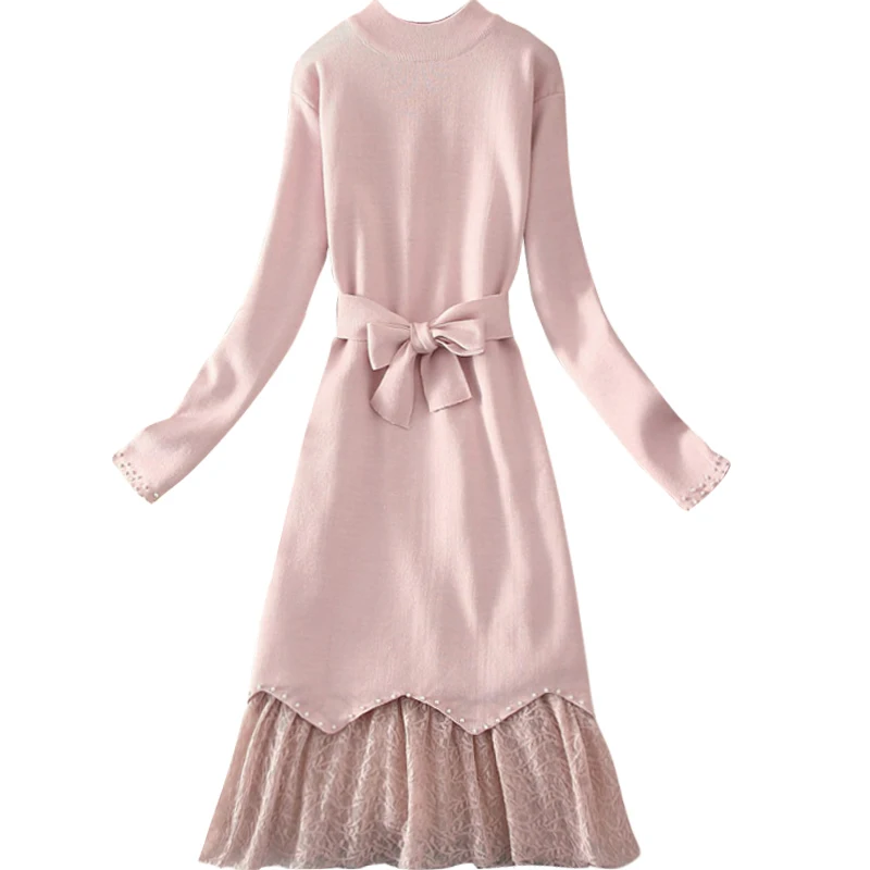 ALPHALMODA милое платье набор весна 2019 Женский жемчужный длинный свитер + кружевная