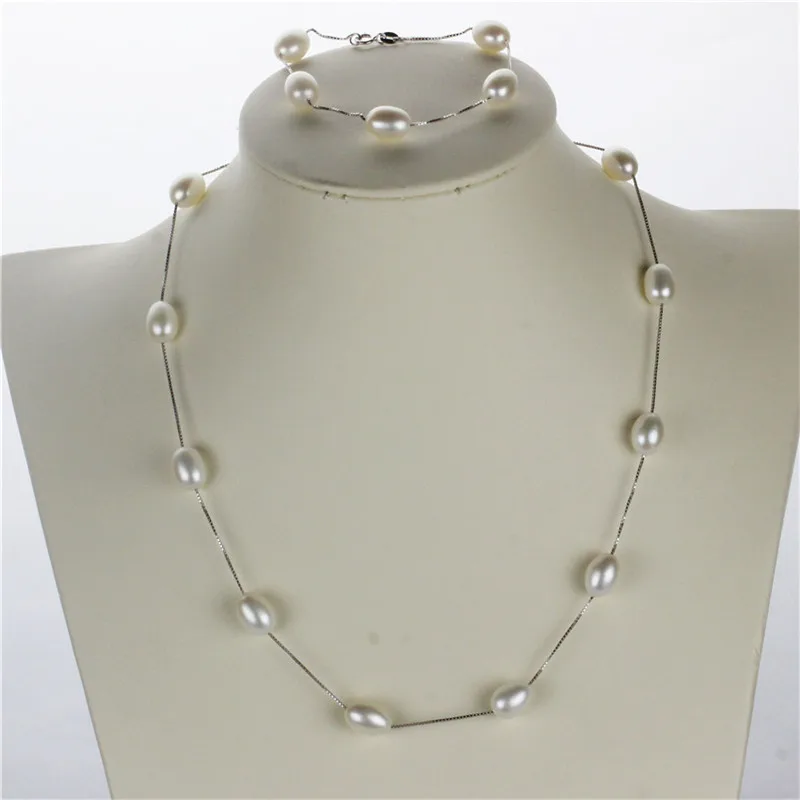 

SNH AAA 8mm drop pearl Necklace & Bracelet 100% 925 sterling silver natural cultured freshwater pearl jewelry sets