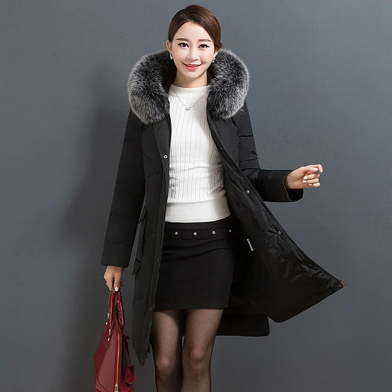 AYUNSUE бренд женские длинные зимнее теплое пальто Для женщин белая утка вниз куртка лисий мех женский пальто Высокое качество LX1027 - Цвет: black