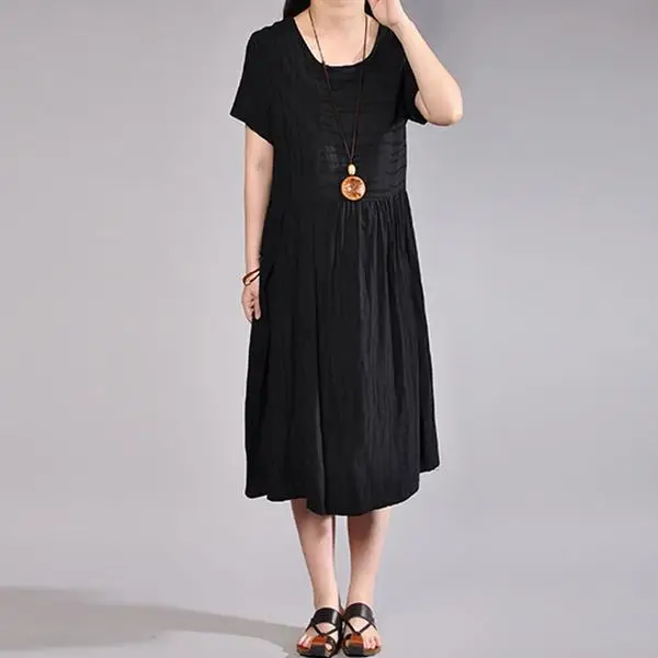 BUYKUD Women Pleated Black Dress Cotton 2018 New Summer Fashion Casual Loose Dresses (3)