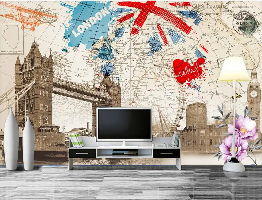 

Custom 3d mural,British style retro London building map wallpaper,bar ktv restaurant living room bedroom TV wall papel de parede