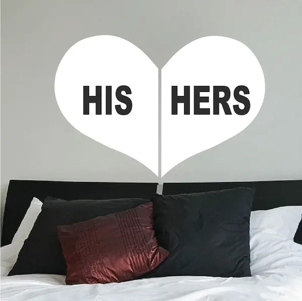 

Heart Shaped Wall Decal His & Hers Master Bedroom Headboard Wall Stickers Vinyl Interior Adhesive Art Mural Home Decor DIYSYY724