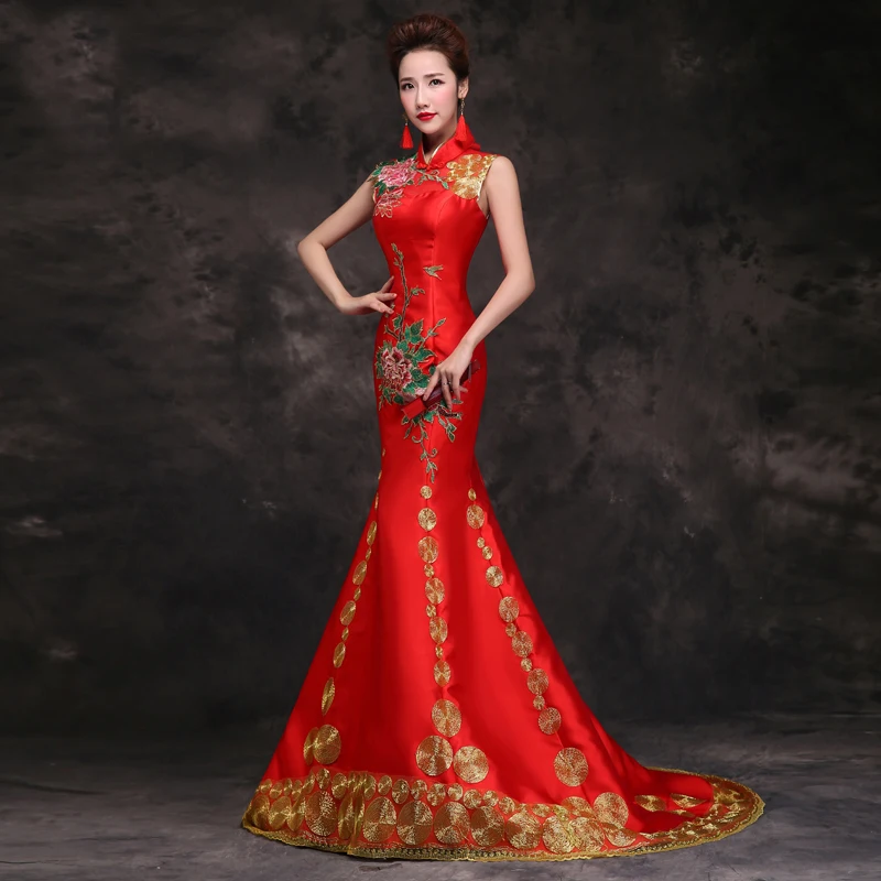 

Sexy Women Sleeveless Mermaid Qipao Asian Bride Wedding Party Trailing Dress Chinese Style Embroidery Flower Cheongsam Vestidos