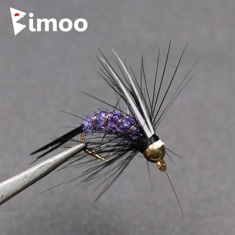 Bimoo 10PCS #12 Psycho Prince Nymph Crazy Purple Prince Nymph Brass Golden Head Trout Grayling Fishing Flies